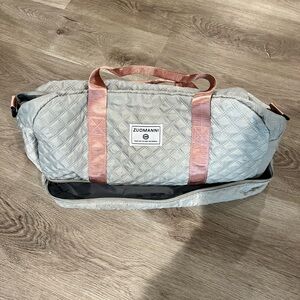 Gray Quilted Duffel Bag with Pink Straps
